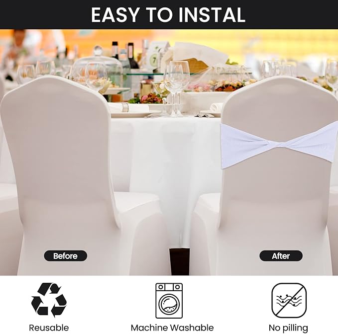 Kinlop 50 Pcs Spandex Chair Sashes Bows Chair Bands Slider Sashes for Covers Elastic Bands Ties Without Buckle Decorations for Wedding Party Events Ceremony Birthday(White)