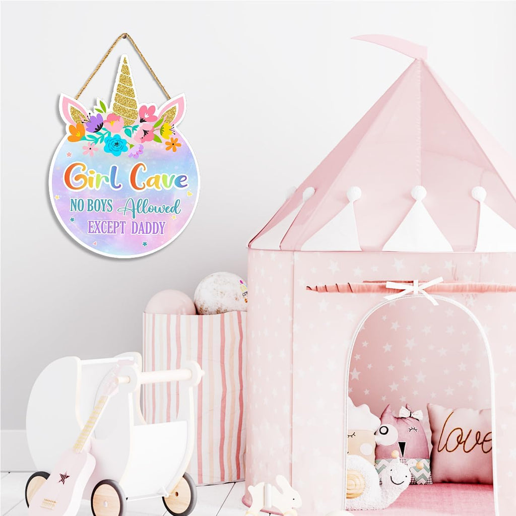 Unicorn Theme Room Decor,Girl Cave Wall Sign Decor,Pink Purple Rainbow Wall Art Decor for Girls,Unicorn Wood Hanging Sign for Baby Girls Bedroom Living Room