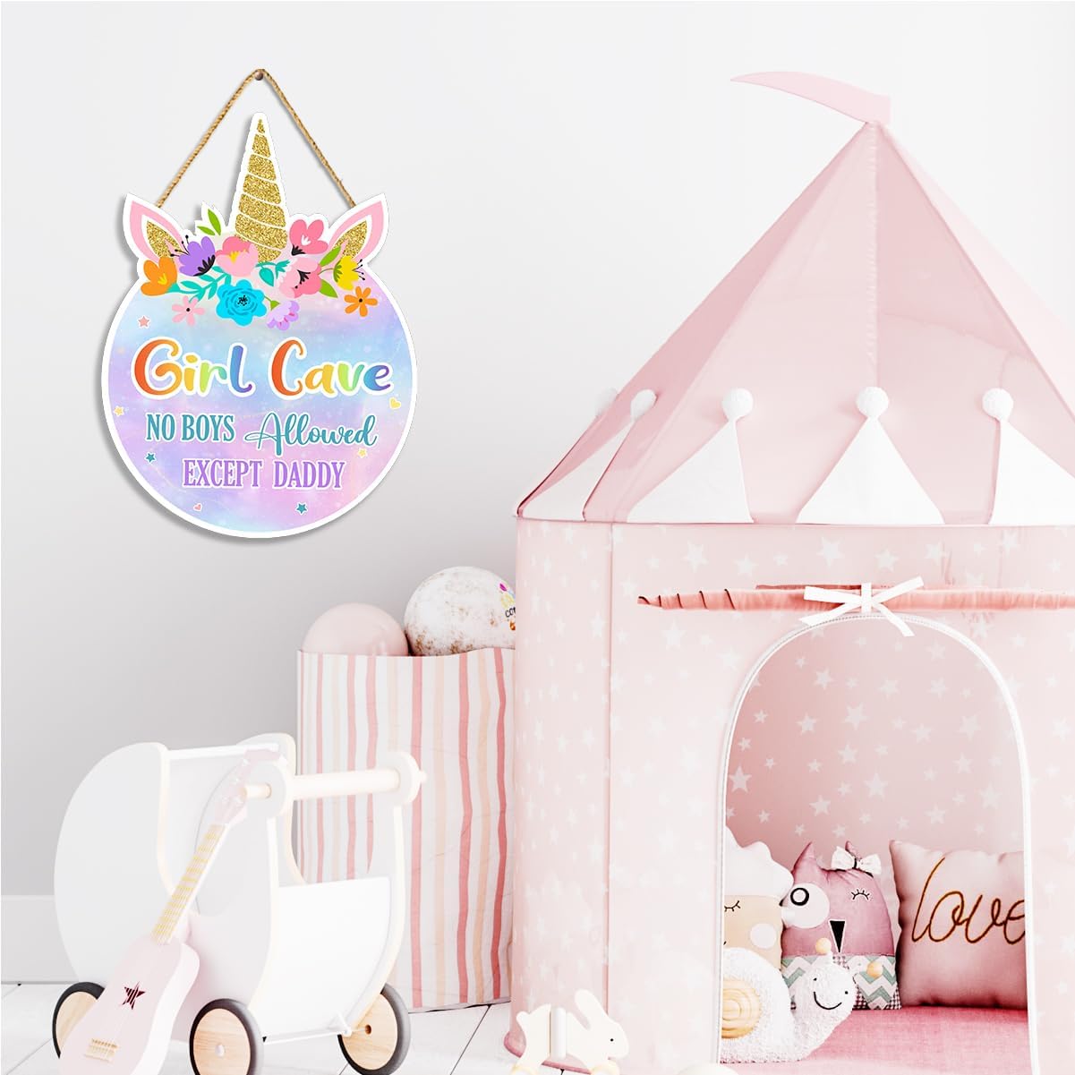 Unicorn Theme Room Decor,Girl Cave Wall Sign Decor,Pink Purple Rainbow Wall Art Decor for Girls,Unicorn Wood Hanging Sign for Baby Girls Bedroom Living Room