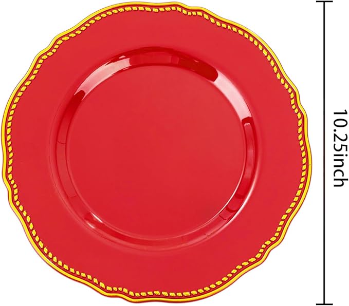 Hioasis 60pcs Red Plastic Plates - Red and Gold Disposable Dinnerware with Gold Rim, Heavy-duty, 10.25 inch, Dinner Plates for Party & Wedding