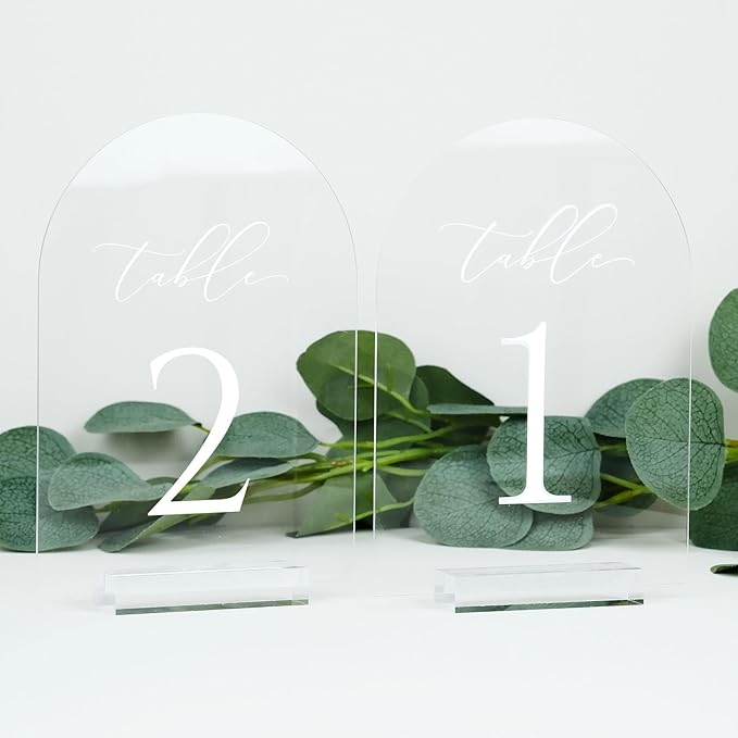 JINMURY Clear Arch Table Numbers for Wedding, 5x7 Inch Arched Acrylic Table Numbers 1-30 with Stands, Clear Acrylic Arch Sign with Holder for Centerpiece, Reception, Wedding, Party, Event