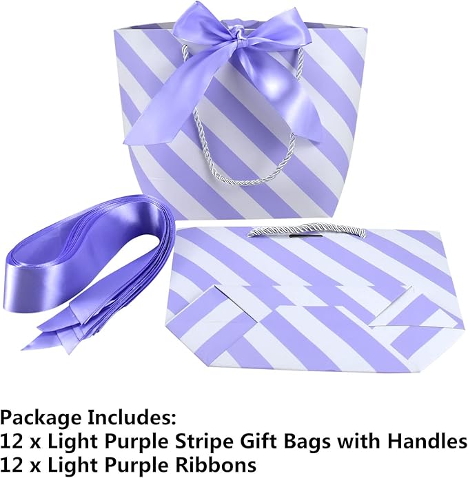 HUAPRINT Gift Bags with Handles,7.48×3.54×7.9 inches,Party Favor Bags with Bow Ribbon,12Pcs White and Light Purple Stripe Paper Bags for Birthday Wedding Bridesmaid Present Celebration Holiday