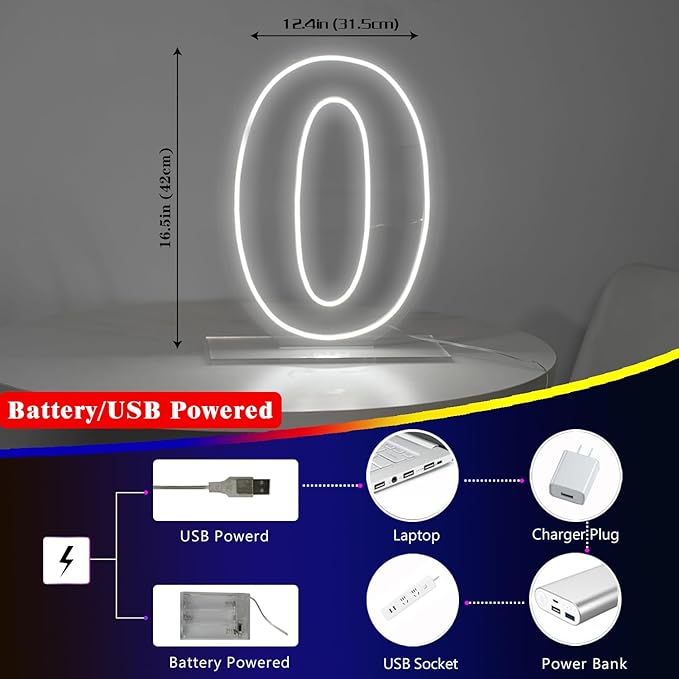 Number 0 Neon Sign Light, 16.54" Cool White USB Battery Powered Led Neon Sign for Party Wedding Anniversary Decor Light Sign (Number 0)