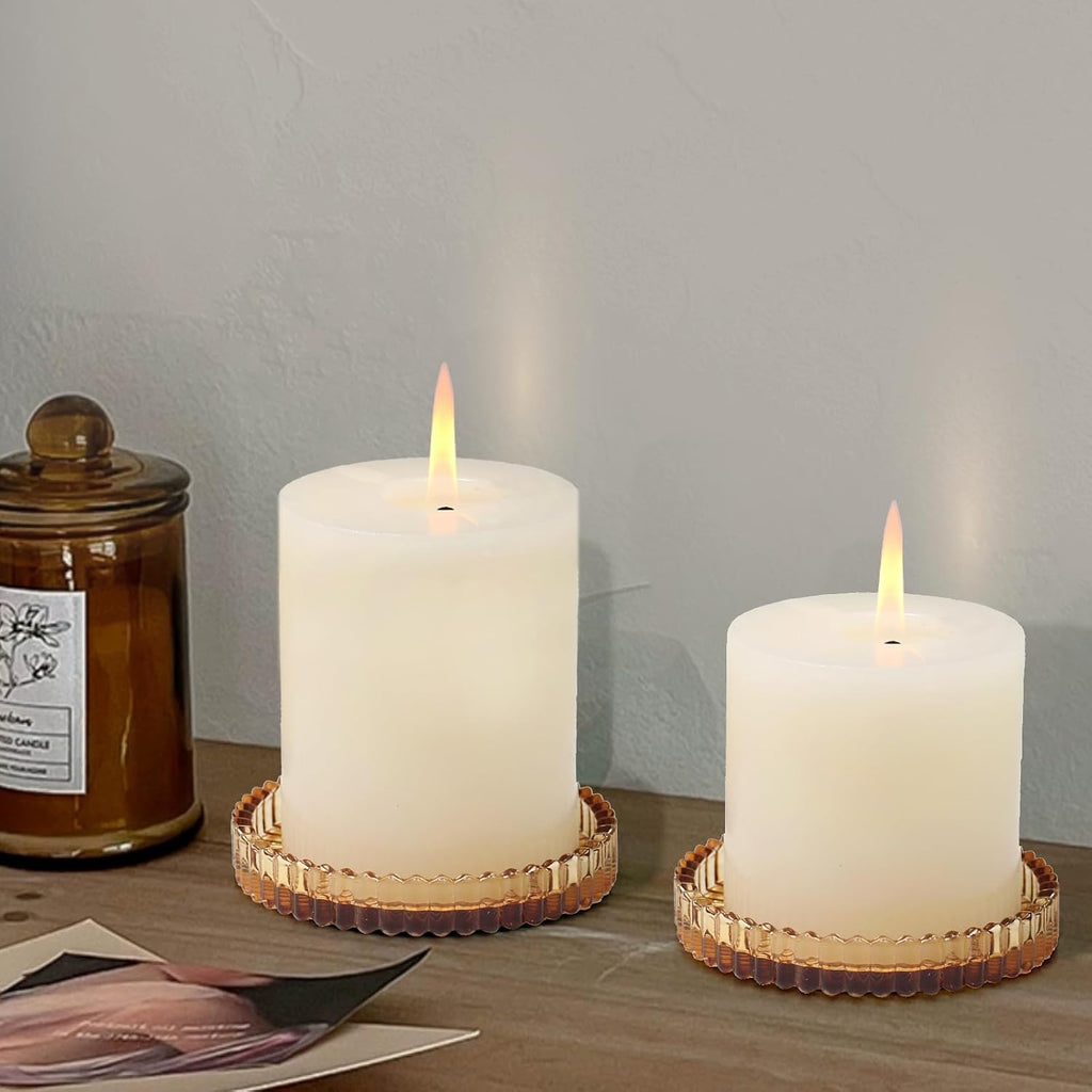Glass Pillar Candle Holder, 4" Amber Candle Plates Set of 3, Glass Candle Holders for Wedding, Party, Holiday, Home Decor, Table Centerpiece
