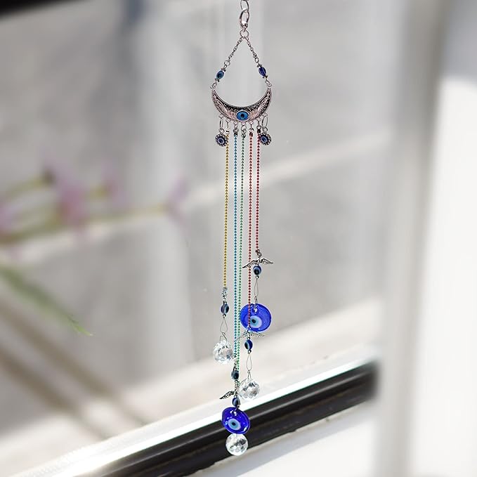 20inch Blue Evil Eye Hanging Crystals Suncatcher Ornament with Chakra Energy Crystal Ball Prism Pendant Rainbow Maker for Home Decor Protection