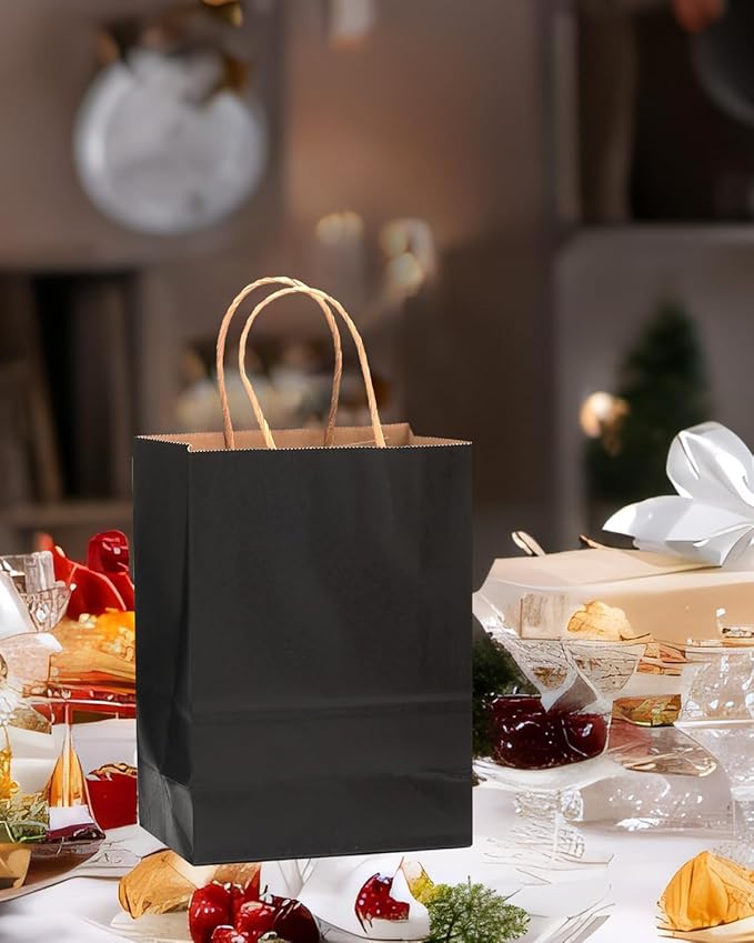 qiqee 50-Packs Black Paper Gift Bags with Handles Bulk 8.3"x3"x 6" Small Size Paper Bags Multiple Uses(Small Size)