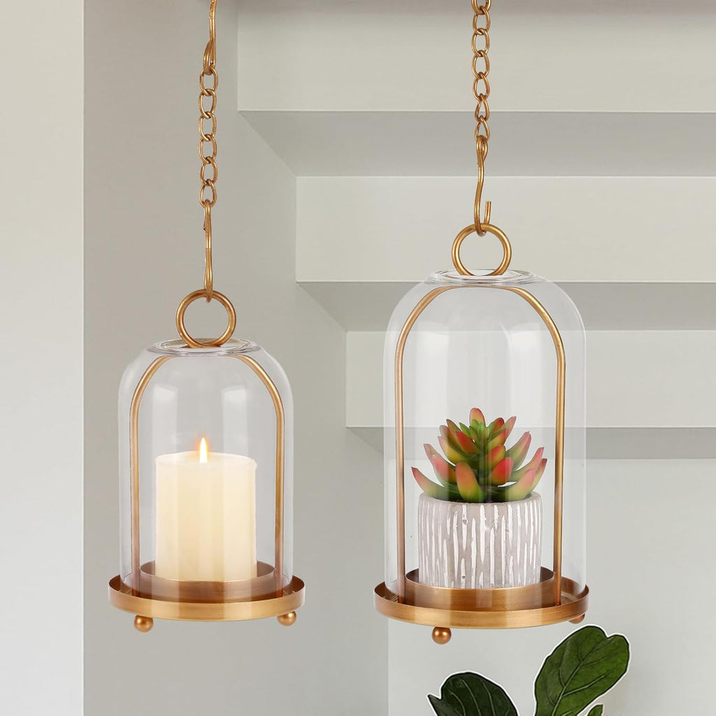 Vintage Brass Metal Candle Lantern with Thick Glass Dome – Set of 2 Shabby Chic Style Candle Holders (5.25"x10" & 4.5"x7.87") – Hanging or Tabletop Decor for Pillar Candles, Plants