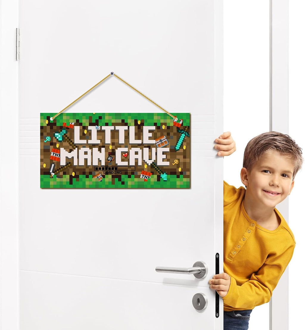 Little Man Cave, Boys Pixel Gaming Room Decor Wooden Door Sign for Gamer Room, Baby Boys Bedroom Wall Decorations for Nursery Toddler Nursery Playroom Wall Art