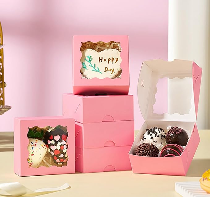 RomanticBaking 3 ¼" x 3 ¼" x 1 ½" 50PCS Chocolate Truffle Boxes for 4，Cookies Boxes Soap Boxes Donut Boxes Macaron Boxes Mini Bakery Boxes with Window Brownie Box