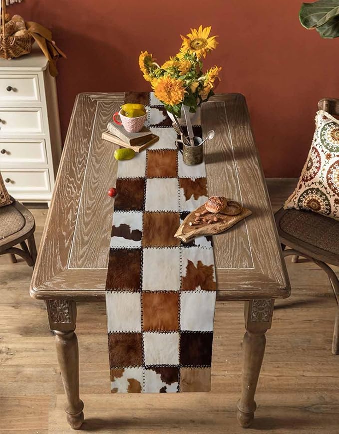 Abstract Cowhides Cotton Linen Table Runner for Dining Kitchen, Wedding Outdoor Party Tablerunners Decoration, Brown Beige Animal Fur Texture Dresser Scarf Coffee Tablecloth Runners 13x36 Inches