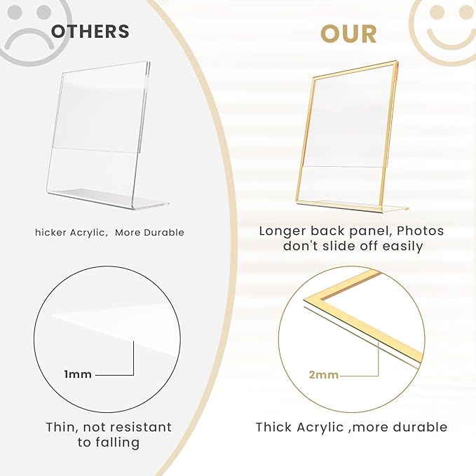 Acrylic Gold Frames 8 x10, Slanted Back Gold Picture Frames Table Acrylic Sign Holder for Photos Wedding Table Numbers and Art Display with Removable Clear Sticky Dots，6 Pack