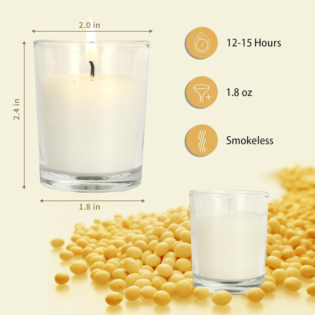 Soft Breeze 24 Pack Ivory Unscented Votive Glass Candles for Wishing, Hydrotherapy, Wedding, Birthday, Holiday, Party
