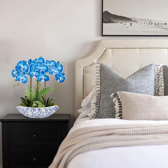 Briful Blue Orchid Artificial Flowers 18in Fake Orchid Silk Flowers with Blue and White Ceramic Pot Faux Orchid Arrangement for Home Office Room Dining Table Centerpiece Modern Decor