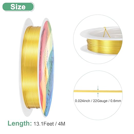 0.6 mm/22 Gauge Copper Wire for Jewelry Making, 13.1FT Copper Beading Craft Wire for Jewelry/Weaving/DIY Crafting/Planting, Color-Retaining [4M, Gold Tone]