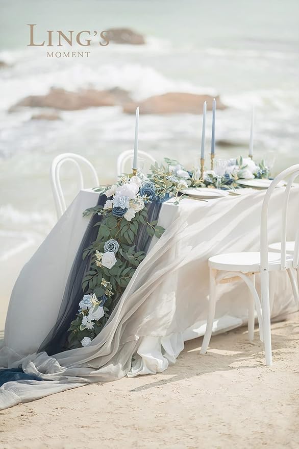 Ling's Moment Flower Garland - 6FT Eucalyptus & Rose - Sweetheart Table Decor for Wedding Reception, Artificial Arch Floral Garland for Mantle, Christmas, Beach Decoration, Dusty Blue & White