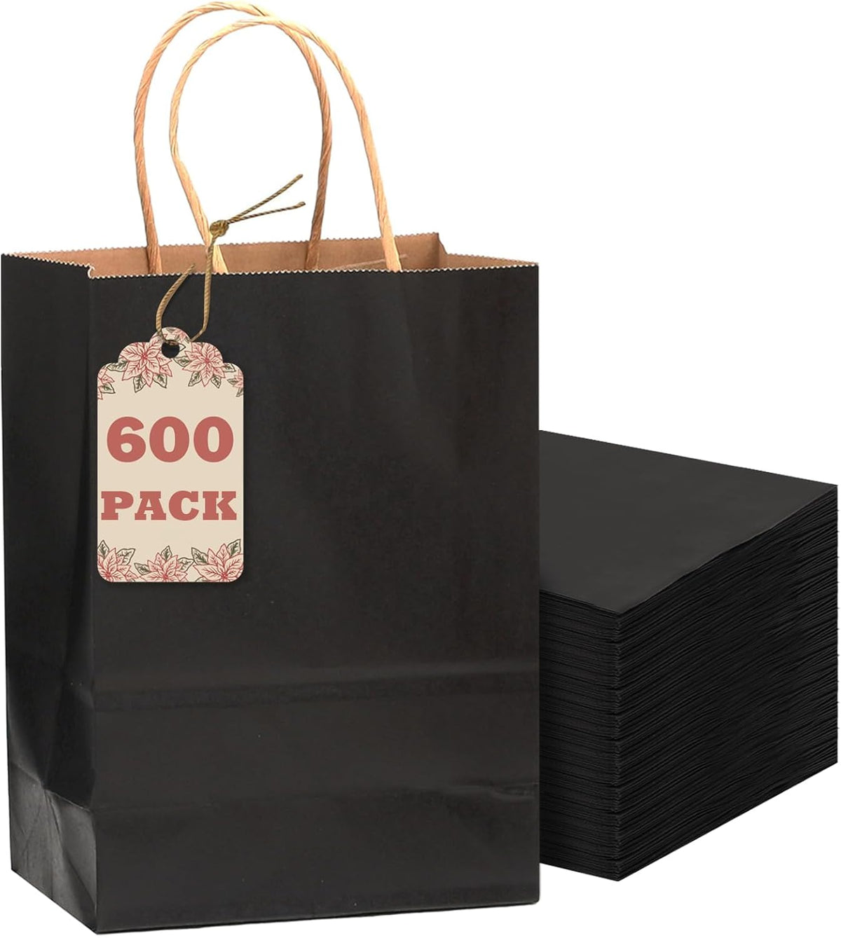 qiqee 600-packs black paper gift bags with handles, main product view