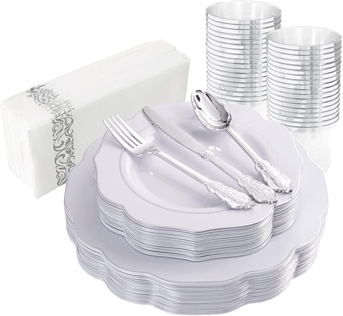NOCCUR 175pcs Silver Plastic Plates - Silver Rim Plastic Tableware Include 25 Dinner/Dessert Plates, 25 Forks, 25 Knives, 25 Spoons for Wedding/Party/Christmas