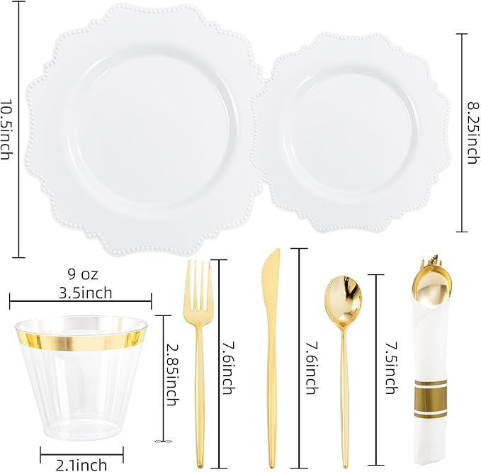 COLOSUS 350pcs White Plastic Plates Disposable Gold Cutlery Dinnerware set for party: 50 Dinner Plate, 50 Dessert Plate, 50 Per Rolled Napkins with Gold Silverware, 50 Cups 9 OZ for Wedding & Party