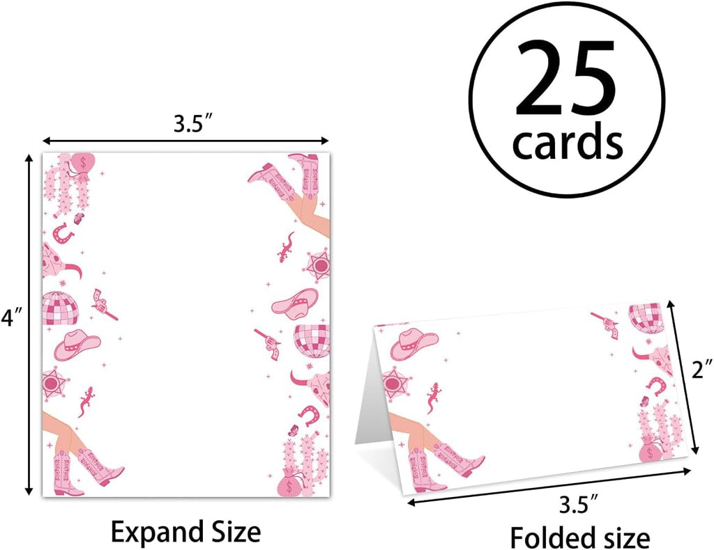 25 Pack Cowgirl Table Place Cards for Wedding Birthday Party, Pink Cowgirl Filled-In Name Place Cards, Foldover Seating Table Card (Folds into 3.5 * 2 Inches)-B02