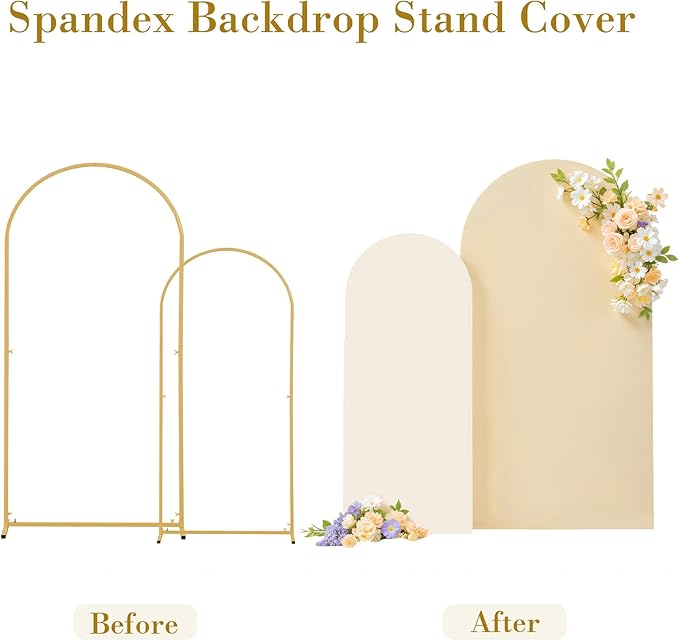 7.2FT 6FT Arch Backdrop Cover for Wedding, Set of 2 Stretchy Spandex Fitted Arch Stand Cover for Baby Shower, Birthday Party Decor, Chiara Backdrop Cover with Double-Sided Design(Ivory,Champagne)