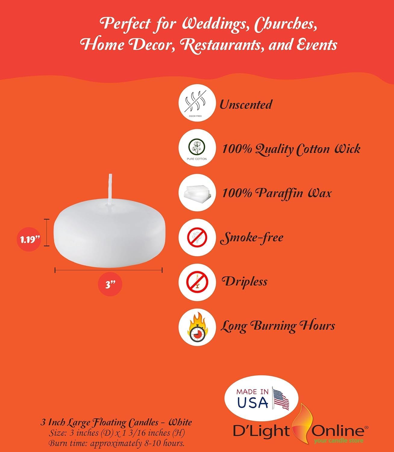 D'light Online Large White Floating Candles 3 Inch Wax Discs for Events, Weddings, Spa, Home Decor, Special Occasions, Cylinder Vases, Centerpieces, Pool and Holidays (Large - 3" (Set of 12), White)