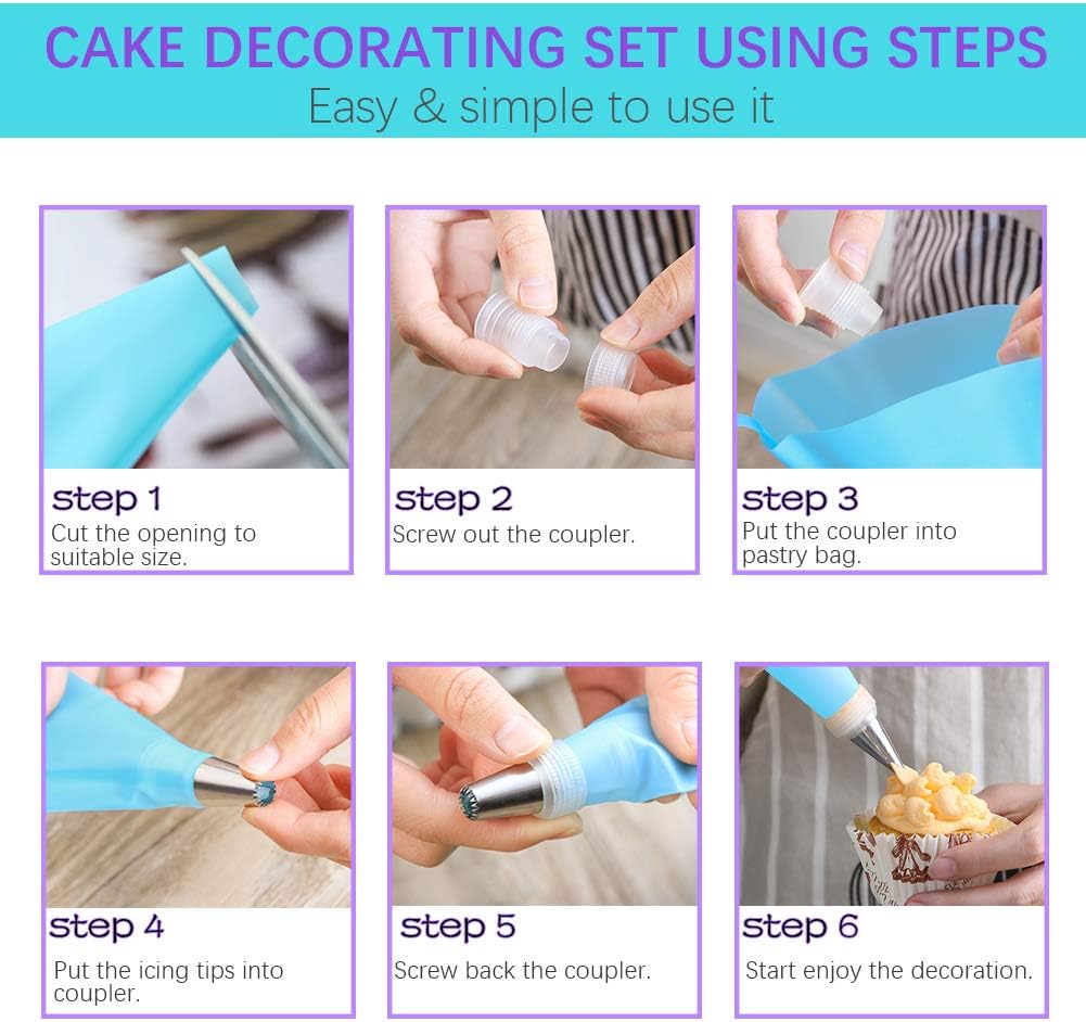 Piping Bags and Tips Set, Cake Decorating Kits with 14 Stainless Steel Baking,2 Reusable Silicone Pastry Bags,3 Icing Smoother, 2 Couplers,2 Ties&2 Cupcakes for Baking Decorating Cake,25 Pcs