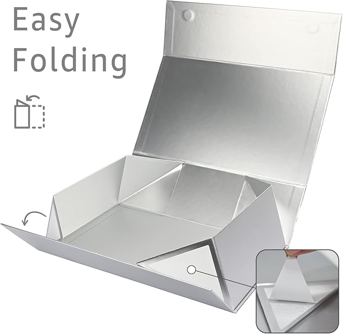 LIFELUM Gift Boxes with Lids,5 Pack 13.85 x 8.35 x 4.45 inch Silver Gift Boxes with Ribbon, Card, Shredded Paper Filler Gift Boxes for Presents,Graduation,Christmas,Birthdays