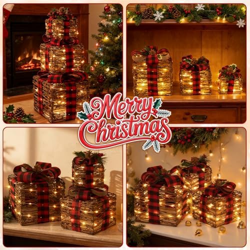 lawoho set of 3 christmas lighted gift boxes,rustic on a desk or shelf