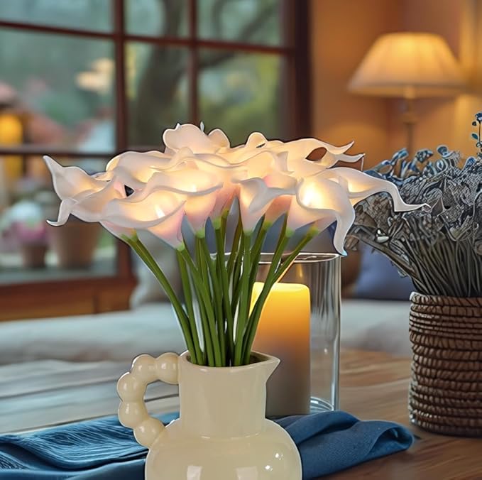 20pcs Artificial Calla Lily Bouquet Lamp Faux Floarl Night Light Real Touch Flower Night Lamp LED Calla Lily Artificial Flower Light Home Kitchen Decor(Whitepurple)