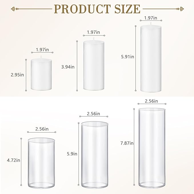24 PCS Ivory White Pillar Candles with Glass Candle Holders Clear Hurricane Candle Holders Glass Cylinder Vases for Centerpieces Wedding Party, Event, Home Office (12 Candles+12 Candle Hoders)