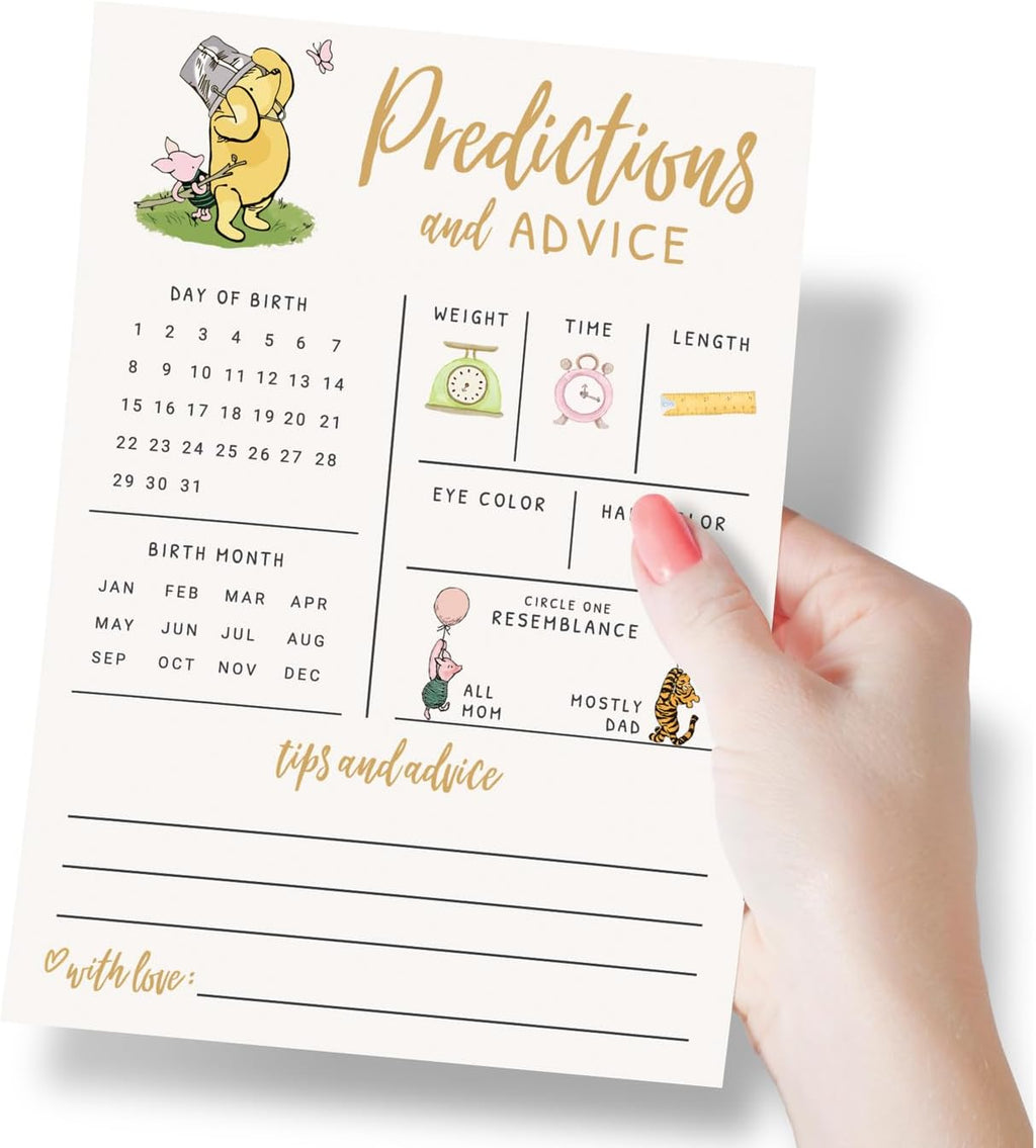 Printed Party Baby Predictions & Advice Cards – Classic Pooh Theme, Winnie Baby Shower Game for Guests, Gender Reveal Activity for Boy or Girl Activity, 30 Pack