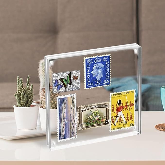 HELPLEX Acrylic Frame, 5 Pack 4x4 Inch Picture Frames, 20mm Thicker Frameless Clear Double Sided Magnetic Free Standing Desktop Display Stand