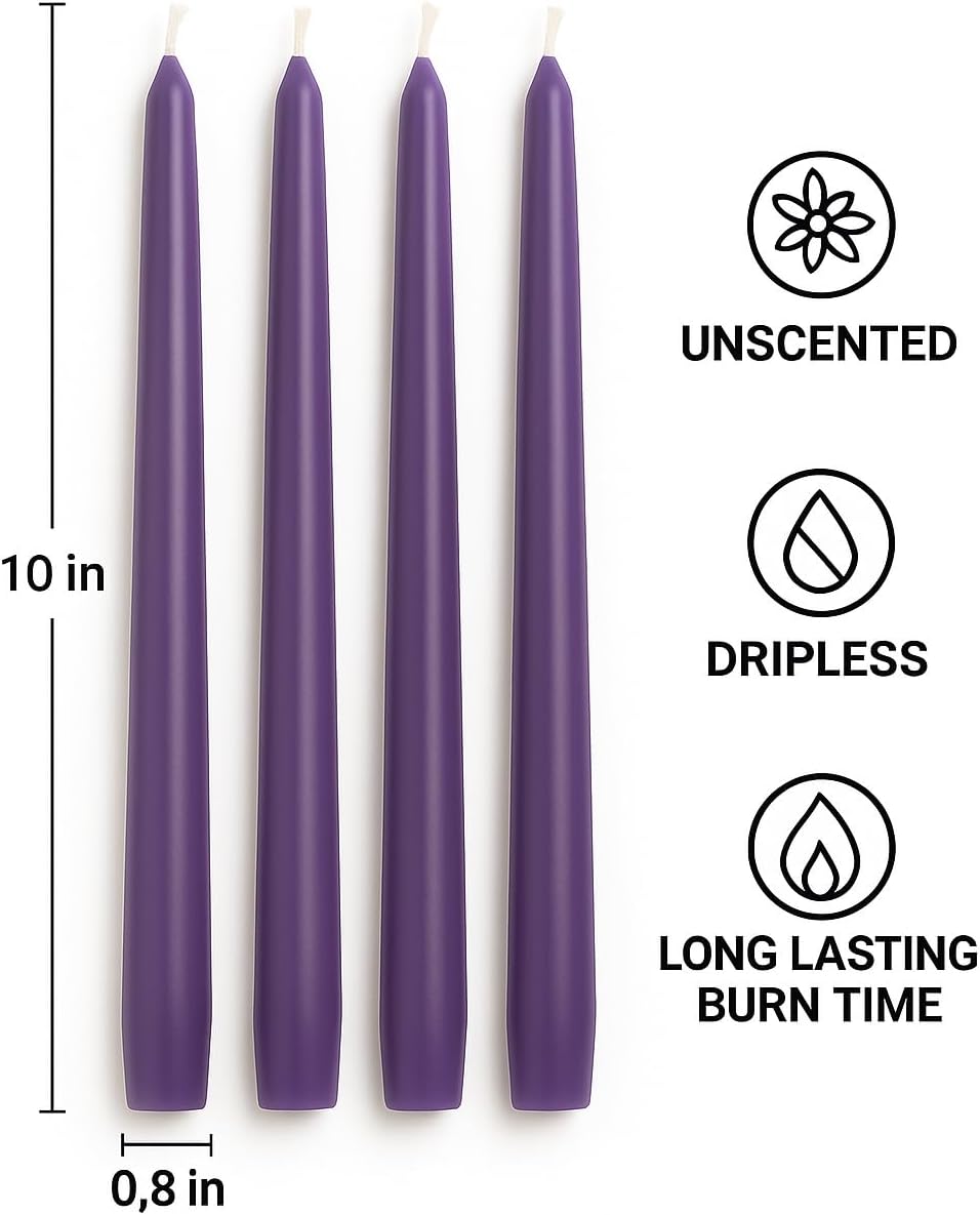 Dinil Purple Taper Candles - 10 Inch Unscented Dripless Smokeless Candlesticks Set of 4 | Perfect for Fall, Halloween, Thanksgiving, Dinner, Wedding and Party Decoration