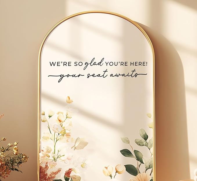 Wedding Sign Decal, Seating Chart, Welcome Vinyl Wedding Mirror Decal, We're So Glad You're Here Seating Chart, Your Seat Awaits (Black, Width 17 inch)