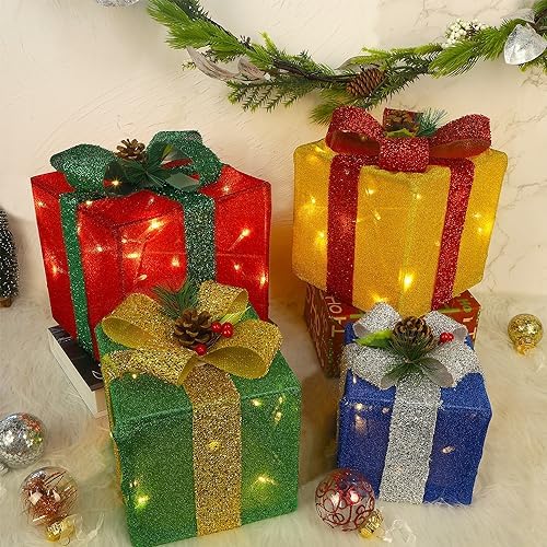 set of 4 christmas lighted gift boxes decorations, package contents