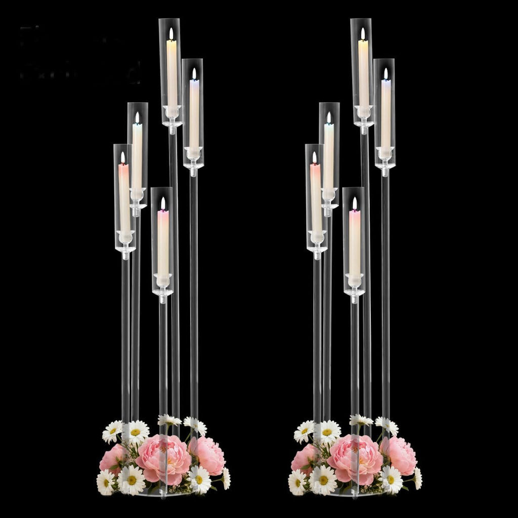 2PCS 5 Arms Acrylic Candelabra Centerpieces for Wedding,45.7Inches Clear | Floor Candle Stick Holders with Acrylic Shade for Christmas Party Home Decor Fireplace Gift candelabros para centros de mesa