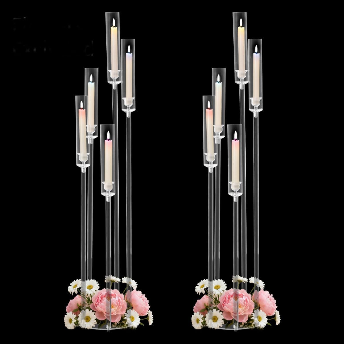 2PCS 5 Arms Acrylic Candelabra Centerpieces for Wedding,45.7Inches Clear | Floor Candle Stick Holders with Acrylic Shade for Christmas Party Home Decor Fireplace Gift candelabros para centros de mesa