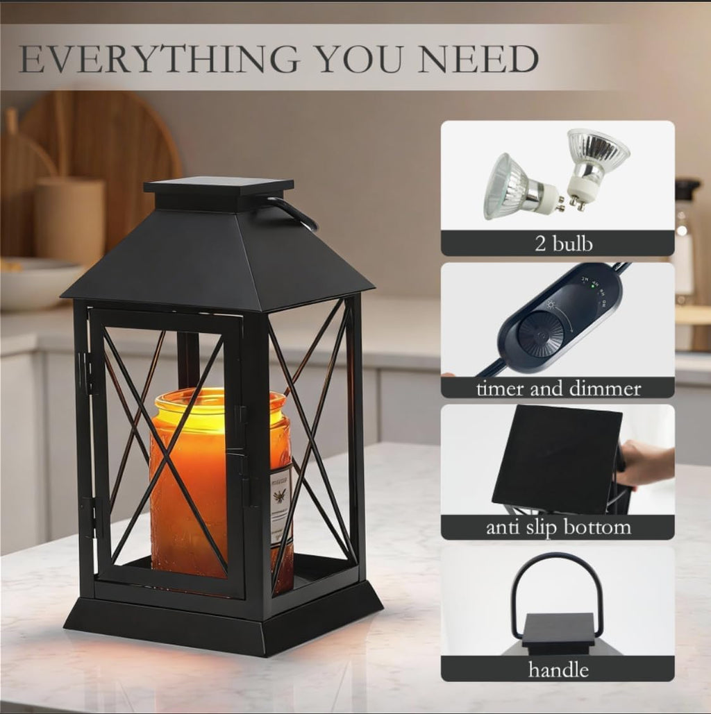 Candle Warmer Lamp with Timer Dimmable,Compatible with 3 Wick Candle/Large Candle,Vintage Lamp Candle Warmer Lantern Farmhouse Style,Fully Enclosed Designed and Hanging Up-Black