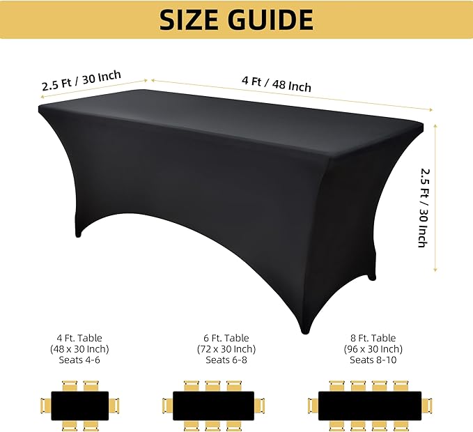 10-Pack 4ft Black Spandex Table Covers for Rectangular Folding Tables - Wrinkle Resistant Stretch Tight Table Cloths - Fitted Table Protector for Parties, Trade Shows, Banquet, and Wedding