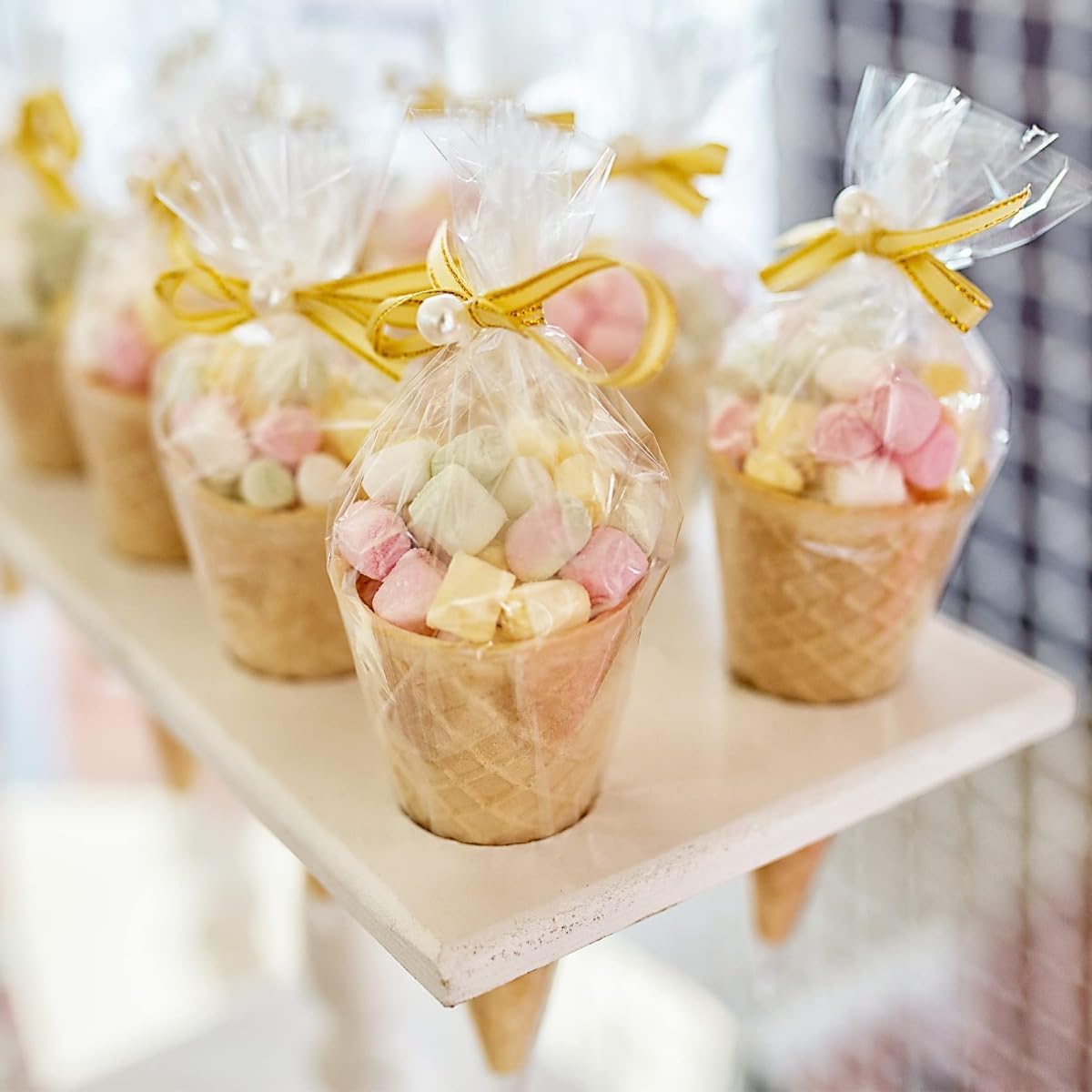 50pcs Clear Cone Cellophane Bags, Cello Cone-Shaped Treat Bags with Twist Ties, Plastic Triangle Bags for Popcorn and Candy Favors