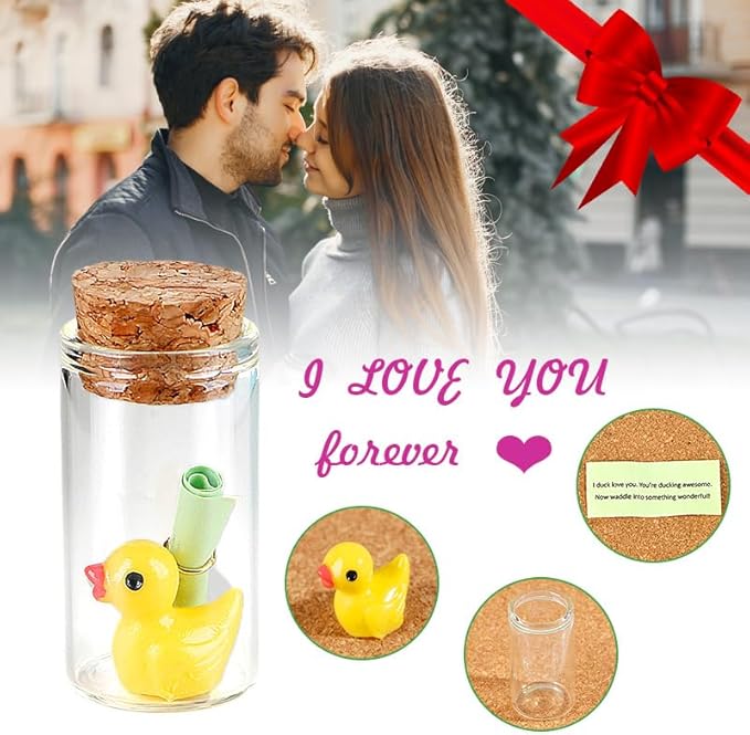 Tiny Duck Message in a Bottle with Wishing Paper – Romantic Gift for Husband, Wife, Boyfriend, Girlfriend – Perfect for Anniversary, Valentine, or Just Because