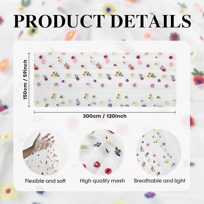 Artoid Mode Embroidery Daisy Gauze Table Runner 120 Inch 10FT, Seasonal Sheer Kitchen Dining Holiday Wedding Birthday Table Decor for Home Party