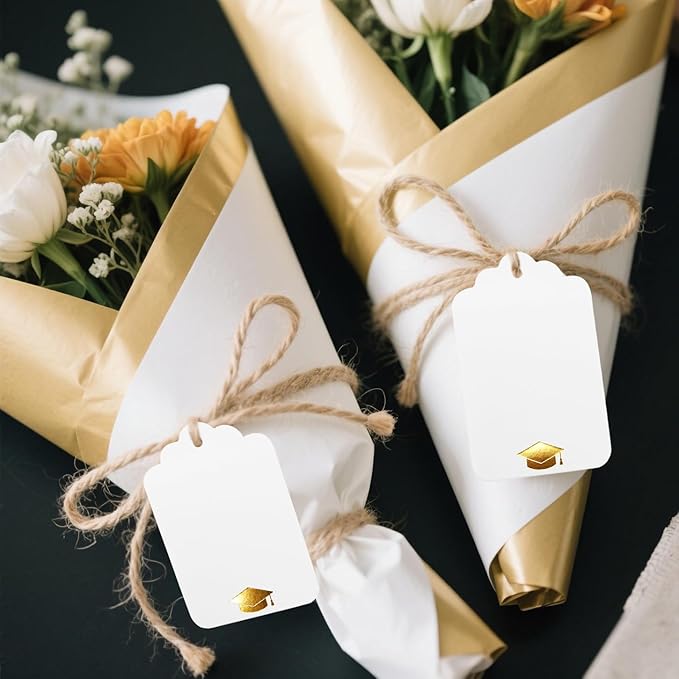 100Pcs Blank Gift Tags with String Foil Gold Grad Cap Large White Paper Gift Tags with 65 Ft Jute Twine for Congrats Grad Congratulations Graduation Party