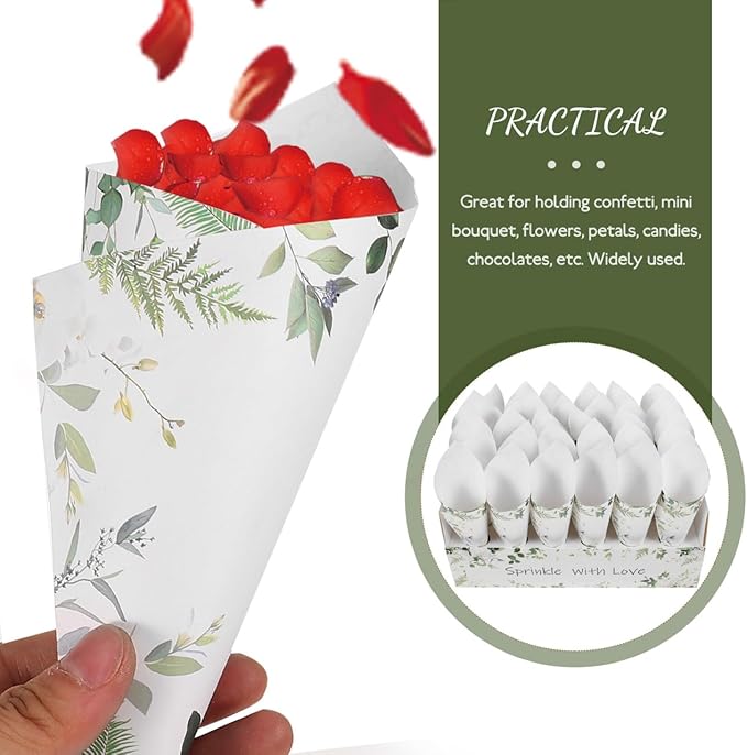 CIMAXIC Wedding Confetti Cone Holder Box - Flower, Paper, Petal Cones - White Paper Cup Candy Stand