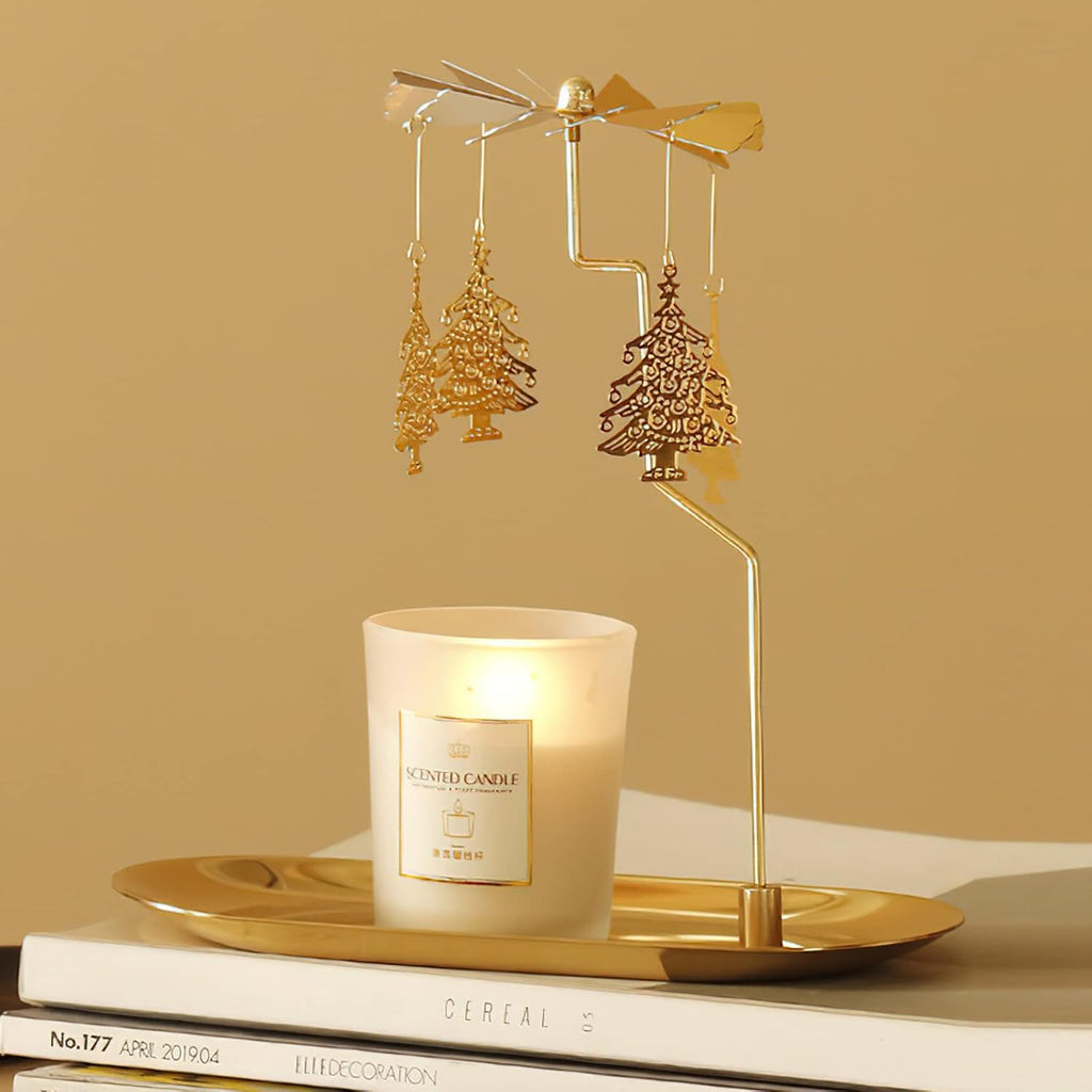 Creahaus Spinning Candle Holder with Tray, Glod Carousel Candle Spinner, Rotating Metal Tea Light Candle Holder for Table Centerpiece, Christmas, Valentine's Day, Party Decor, Gift (Christmas Tree)