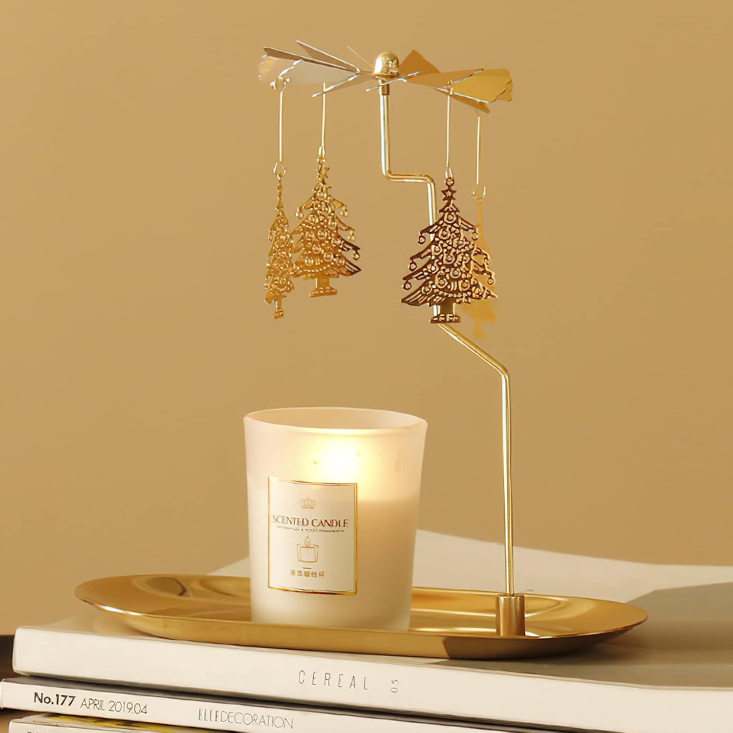 Creahaus Spinning Candle Holder with Tray, Glod Carousel Candle Spinner, Rotating Metal Tea Light Candle Holder for Table Centerpiece, Christmas, Valentine's Day, Party Decor, Gift (Christmas Tree)
