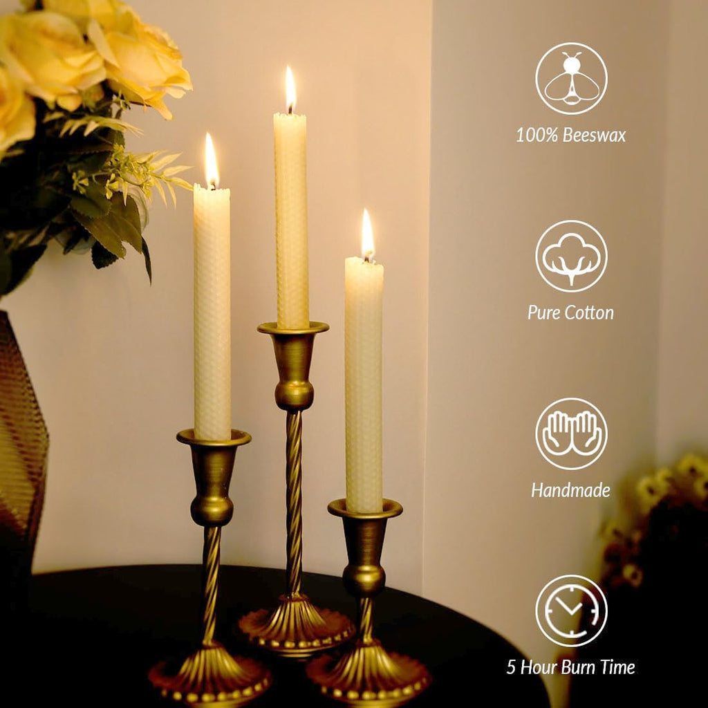 Pack of 4 Beeswax Taper Candles Hand Rolled - Dripless - Organic Natural Scent - 8 Inch in Off White
