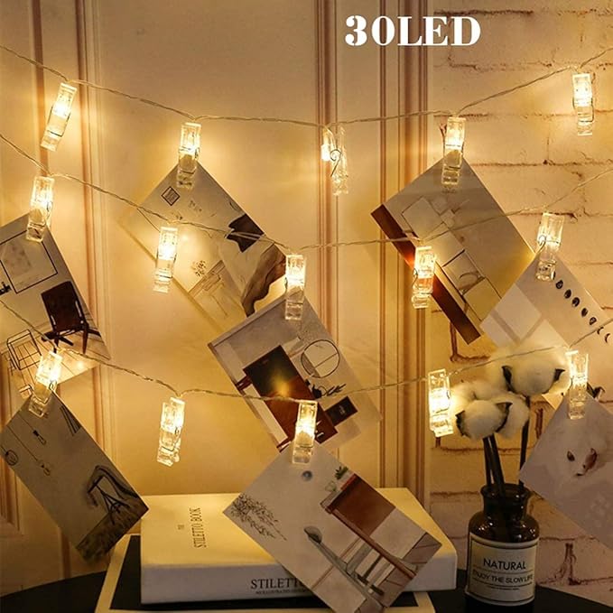 Dopheuor LED Photo Clip Copper String Lights Starry Fairy Warm Yellow Lights Battery Powered for Hang Pictures Cards Bedroom Wall Decorations Christmas Patio Halloween Thanksgiving WeddingParty Decor