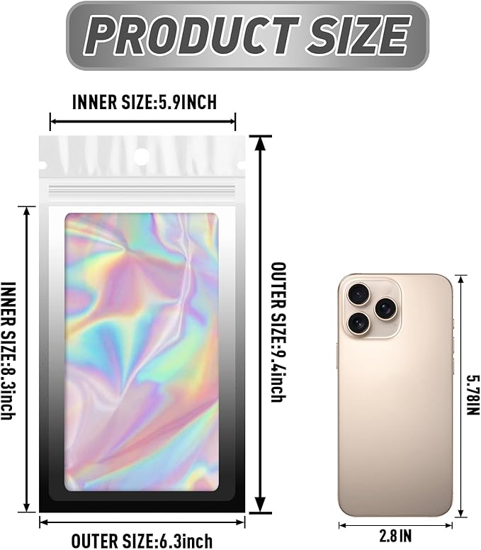 Funfery 100 Pack Gradient Holographic Bags,Resealable Bags with Zipper,Clear Window Packaging Pouchs,Foil Bag for Food Storage,Small Business,Sample Jewelry Bag(6.3×9.4In,White Black)