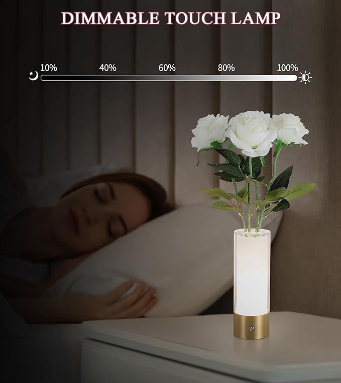 Flower Night Light,Touch Vase Lamp,Rechargeable Cordless Table Lamp,Home Decor Lamp for Dining Table/Bed Room/Bathroom/Closet,Gifts for Women/Mom/Girl, Artificial Roses Included